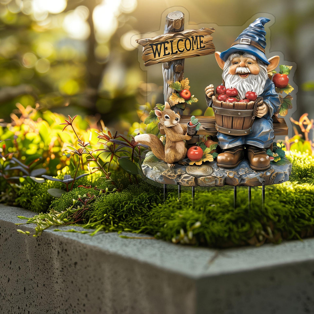 Whimsical Gnome & Squirrel Welcome Sign – 2D Flat Acrylic Garden Stake