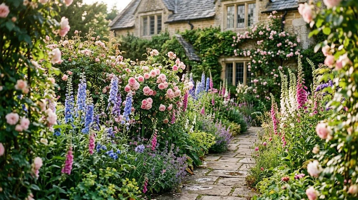 find your garden style, vibrant garden filled with pink roses, purple delphiniums, and green foliage, leading toward a stone cottage.