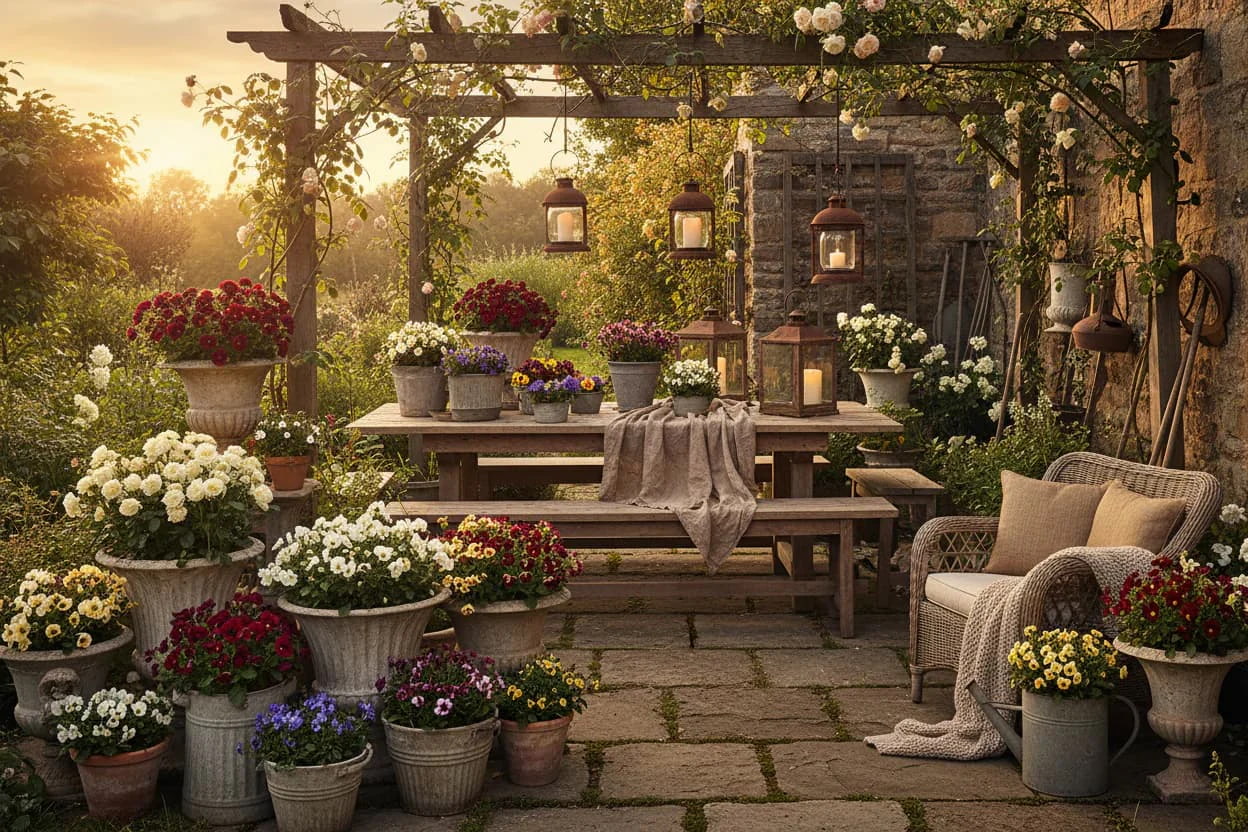 Rustic outdoor garden setting with wooden pergola, dining table, chairs and potted plants