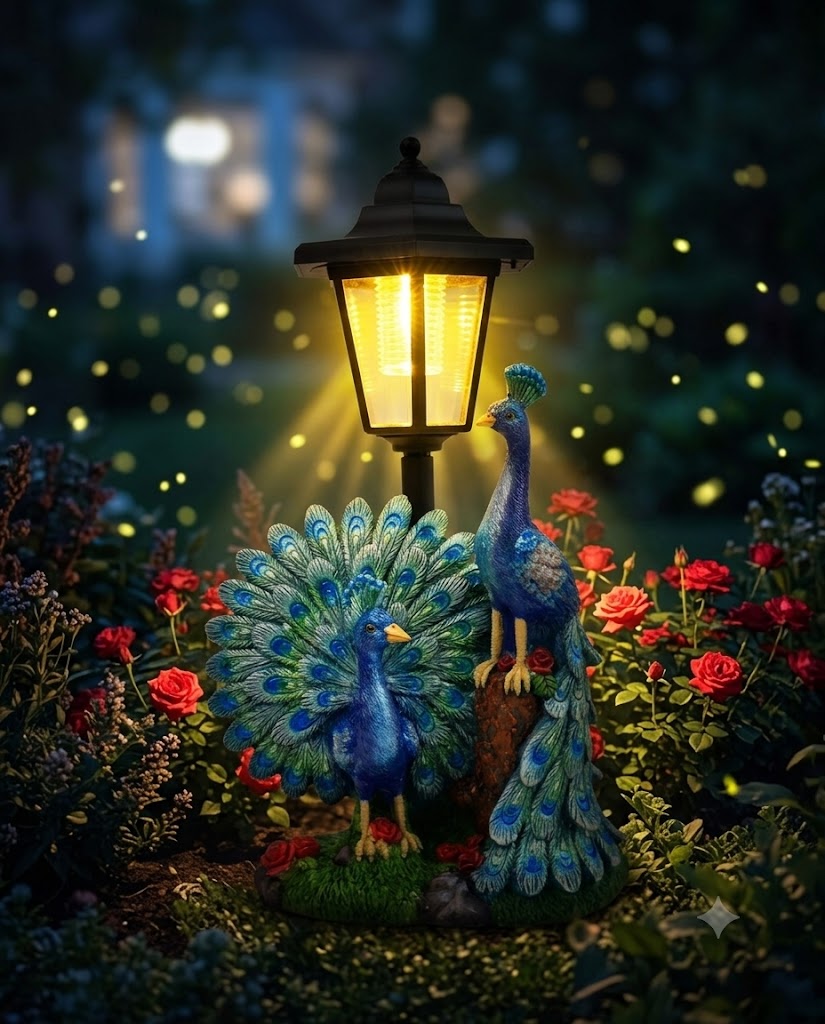 Decorative peacocks in a garden with a glowing lantern at night.
