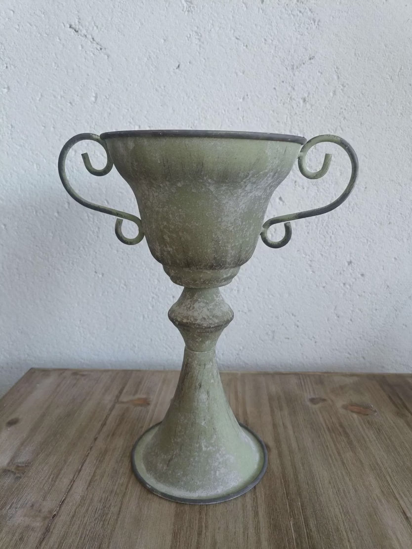 Tall French Country Trophy Planter – Distressed Metal Garden Urn with Scrolled Handles & Drainage Hole 
