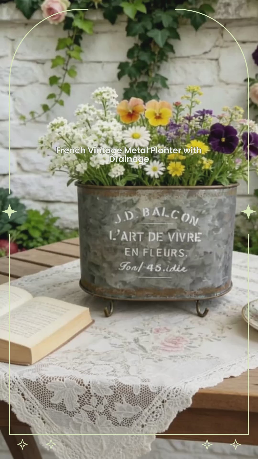 French Vintage Footed Oval Planter – "L'Art de Vivre" Galvanized Metal Tub with Drainage Hole