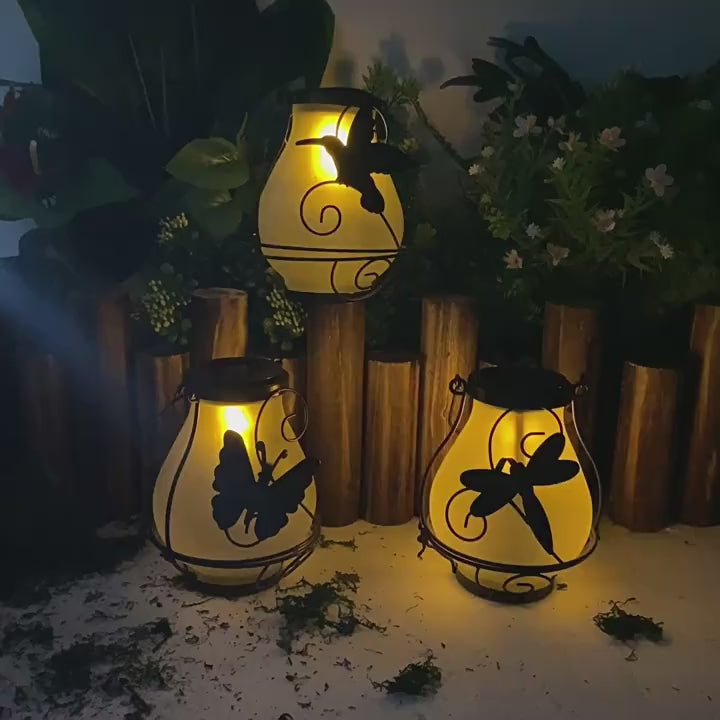 Frosted Solar Flame Lantern – Hanging Iron Garden Light with Flickering LED