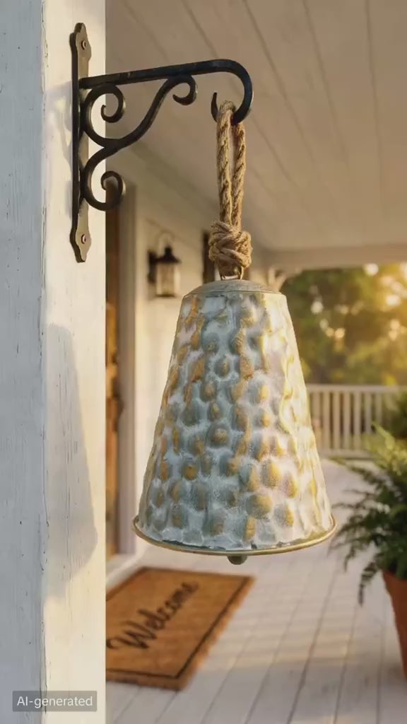 Hammered Iron Vintage Bell – Rustic Distressed Wind Chime with Jute Rope (7.1" Tall)