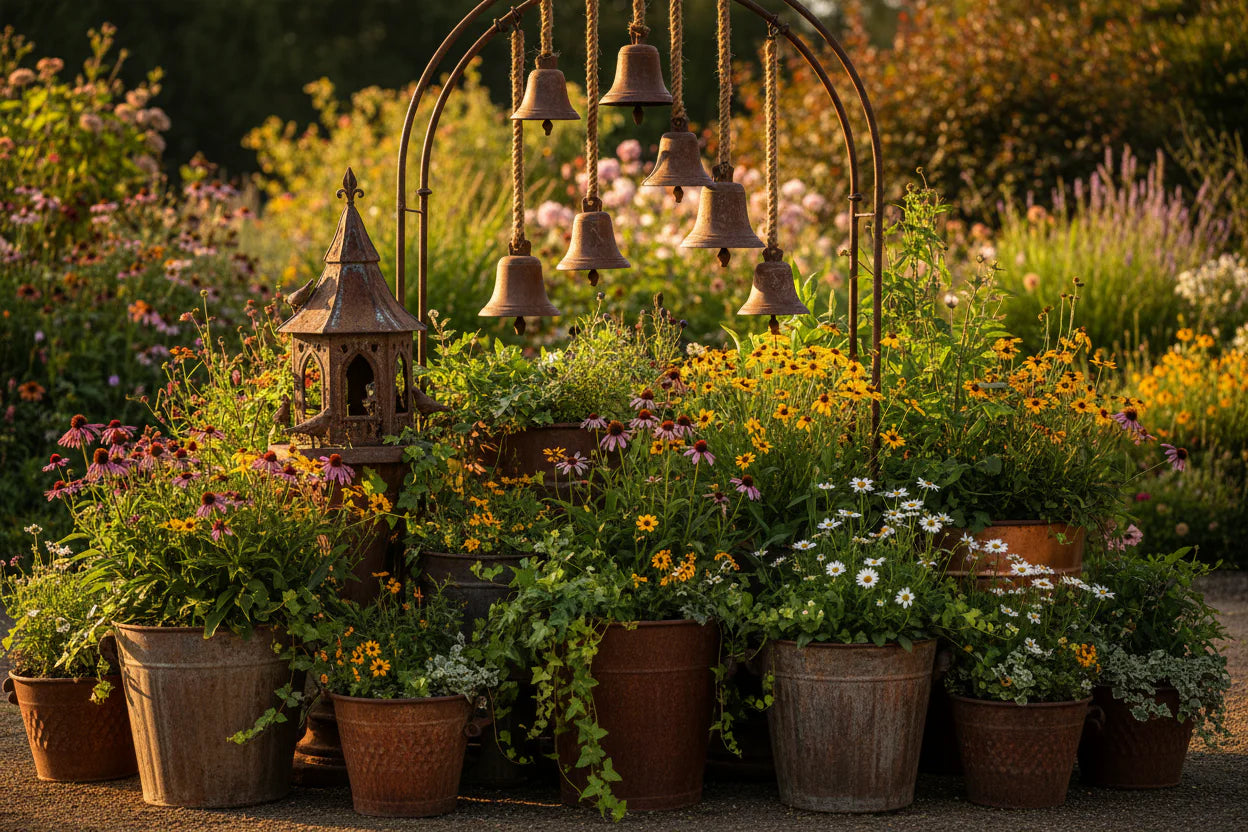 Garden scene with potted plants, a decorative arch, and hanging bells-The Curated Shop