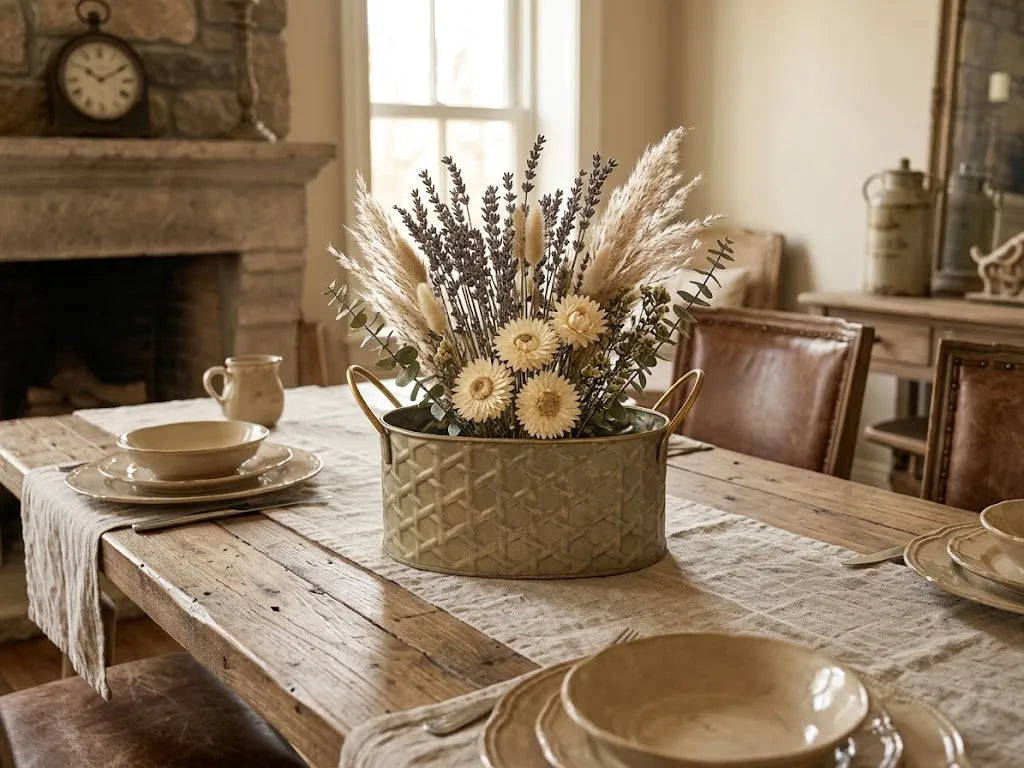 Gold-toned metal planter tub holding dried flowers on a rustic wooden table