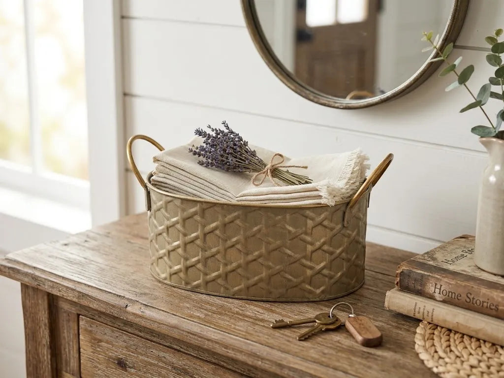 Gold-toned metal planter tub with embossed sides and dried flowers on a bench