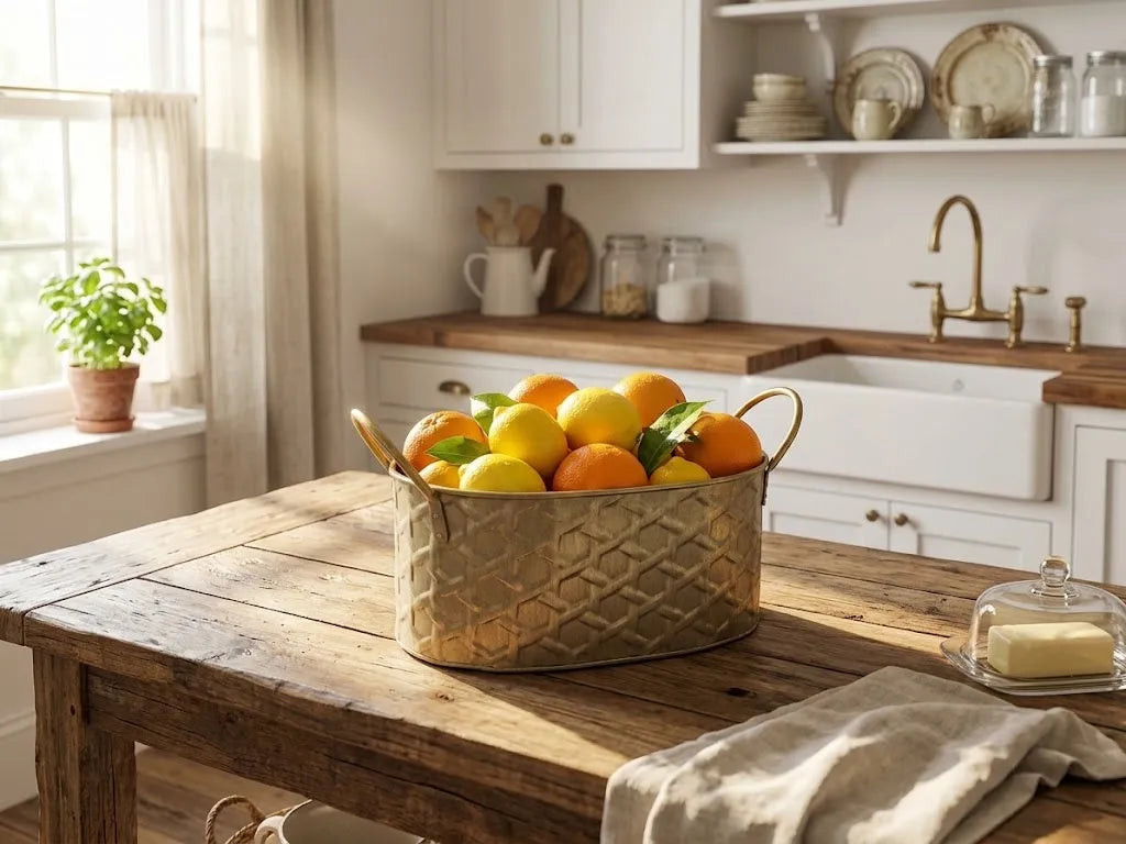 Gold-toned metal planter tub filled with oranges on a wooden kitchen counter
