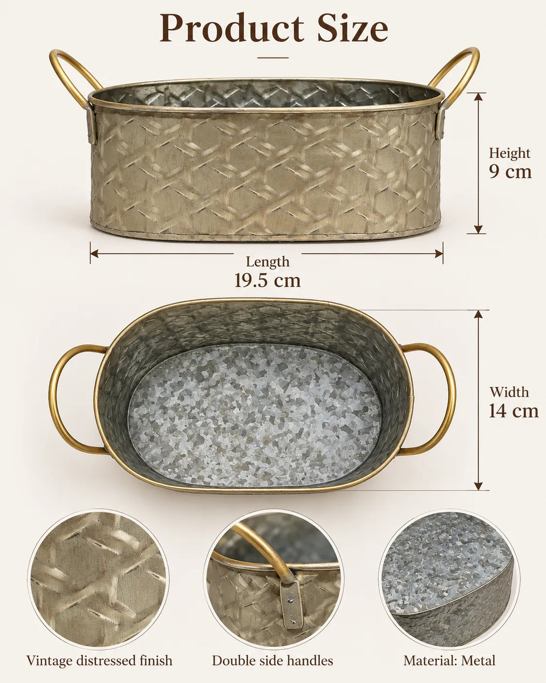 Metal planter tub size diagram showing 9 cm height, 19.5 cm length, 14 cm width