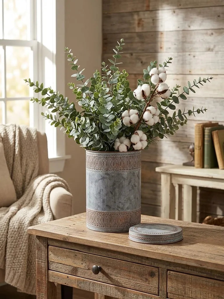 Gray embossed iron planter bucket filled with white flowers on a wooden table