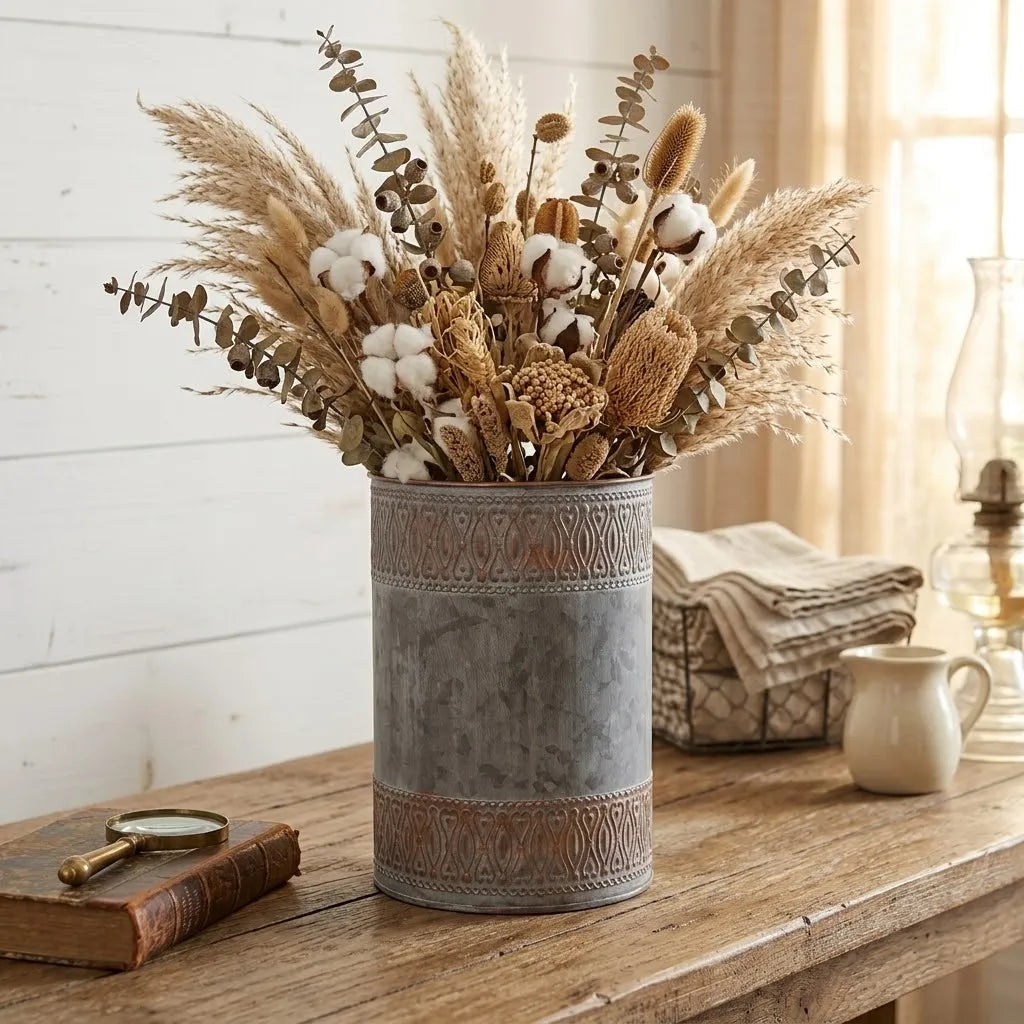 Tall gray embossed iron planter bucket with dried and white flowers on a wooden surface