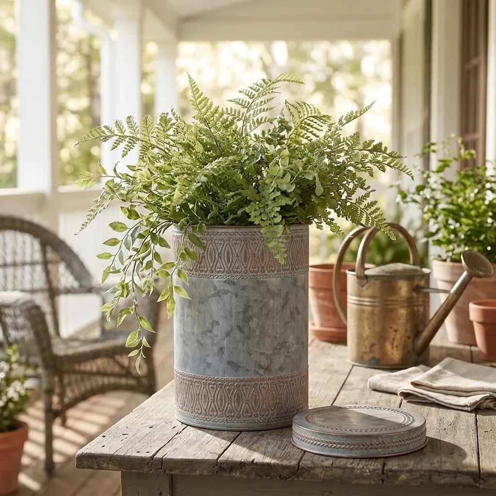 Gray embossed iron planter bucket holding green foliage, rustic textured sides