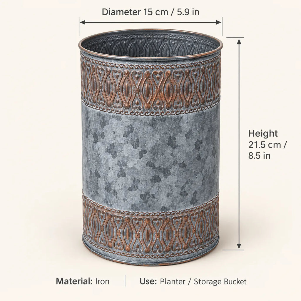 Embossed iron planter or storage bucket, gray with decorative band, round top and bottom