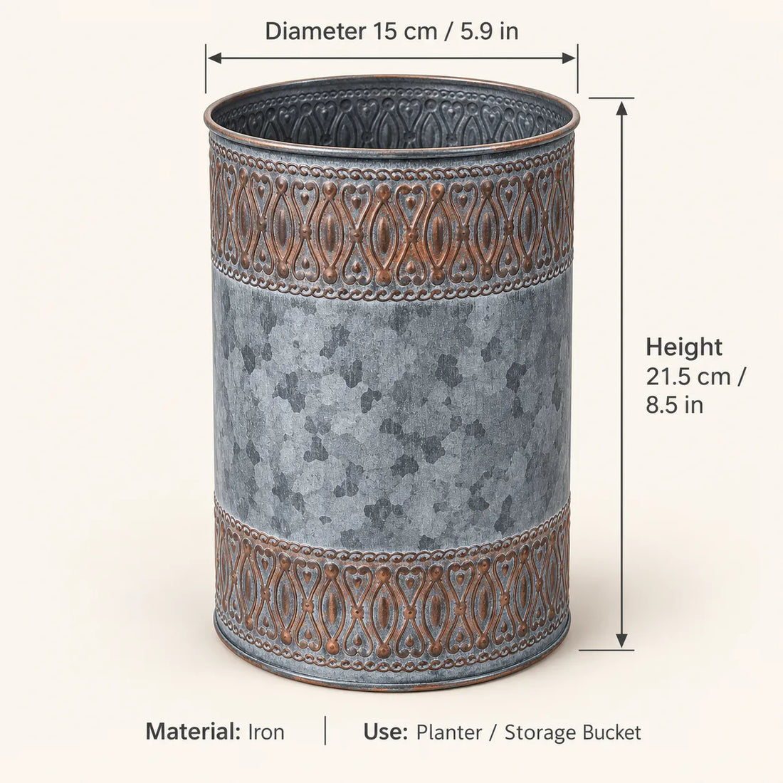 Embossed iron planter or storage bucket, gray with decorative band, round top and bottom